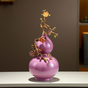 Adorno de Cerámica Morado en Forma de Calabaza con Decoración de Ramas Floridas para Sala de Estar, Mueble de TV, Regalo de Inauguración de Casa - Product Image 3