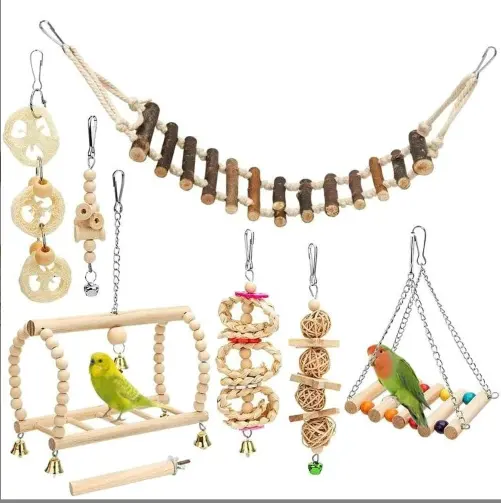 Set di giocattoli per pappagalli da 8 pezzi giocattoli per uccelli altalena perline colorate campane prodotti per uccelli giocattoli appesi