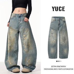 Celana <span class=keywords><strong>Jeans</strong></span> Wanita Model Baggy Y2K Streetwear dengan Motif Grafiti Pisau Lengkung, Celana Denim Kaki Lebar Vintage Cetak 90an dengan Kantong - Product Image 1