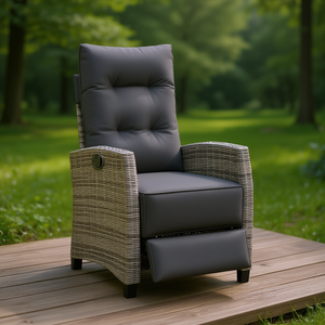 Silla Reclinable de Ratán Sintético para Patio con Reposapiés, Muebles de Jardín Modernos para Exteriores, Diseño Contemporáneo, Tapicería Gris - Product Image 2
