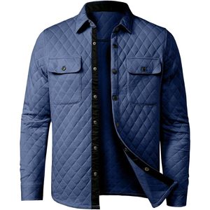Mens Quilted Shirt Jacket Long Sleeve Snap Button <b>Down</b> With Pockets Turn <b>Down</b> Collar Casual Outerwear - Product Image 4