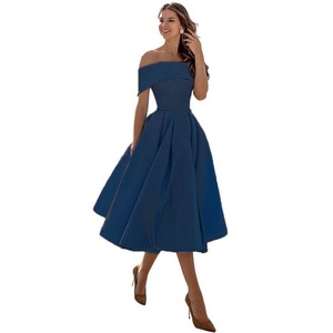Off The Shoulder Satin A Line Midi Dress For Women Party Evening Wear - Product Image 3