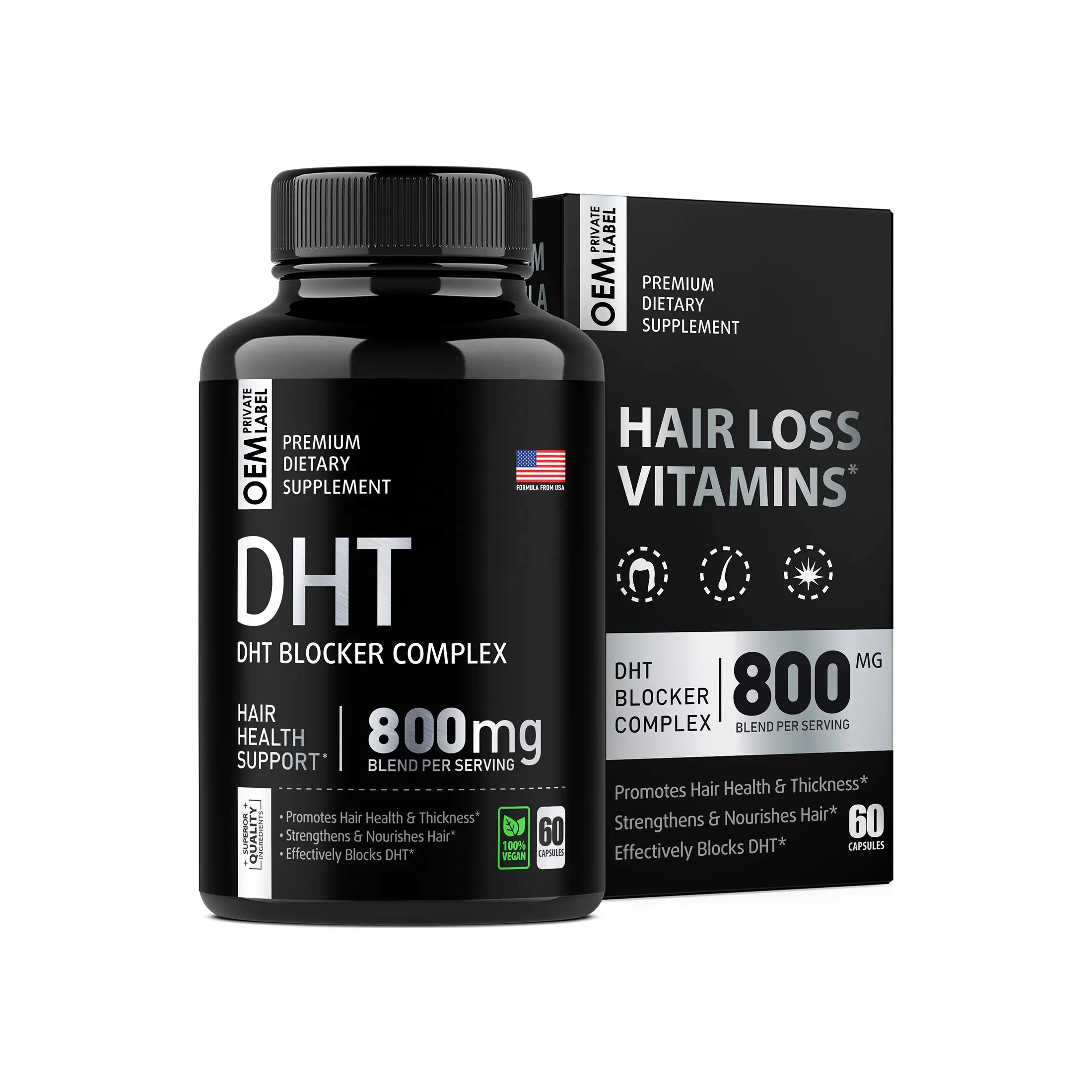 Cápsula de pérdida de cabello bloqueadora DHT de etiqueta privada OEM con biotina que promueve el crecimiento del cabello fortalece el cabello saludable y la prevención de la pérdida de calvicie