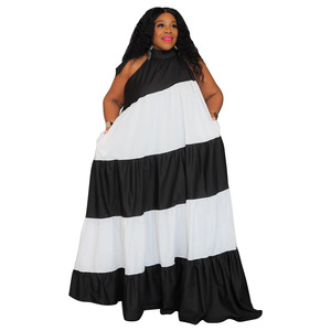 N8023 Vêtements pour femmes de grande taille, surpiqûres de couleur contrastée, longue et grande robe évasée - Product Image 3