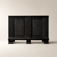 Buffet d'appoint en bois massif cannelé de luxe en chêne noir à 2 portes pour salle à manger d'hôtel et rangement domestique