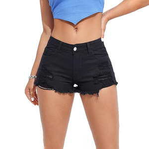 <span class=keywords><strong>Pantalones</strong></span> <span class=keywords><strong>cortos</strong></span> de pierna ancha de cintura baja de verano de moda personalizada de alta calidad <span class=keywords><strong>pantalones</strong></span> <span class=keywords><strong>cortos</strong></span> de mezclilla de mujer de alta elasticidad con agujero roto negro - Product Image 1