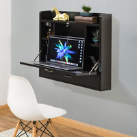 Bureau mural pliable noir, bureau pour ordinateur portable mural, table d'écriture avec étagères de rangement