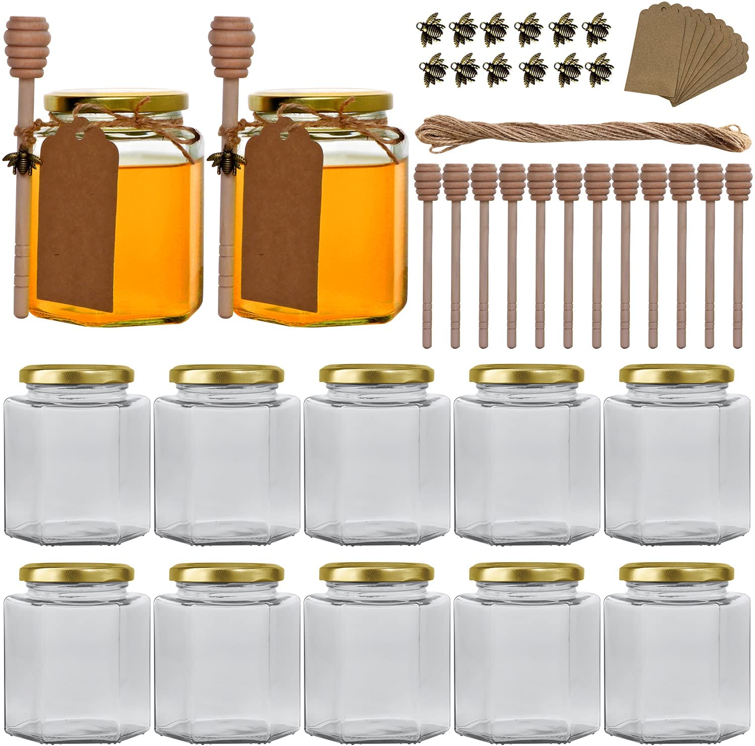 Clear Glass Jars 12 oz Glass Honey Jars with Golden Lids Wooden Honey Sticks