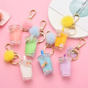 Creative Cute Acrylic Milk Tea Cup Shape Key Chain Keyring Pendant Quicksand Liquid <b>Floating</b> Fruit Keychain - Product Image 1