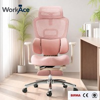 Chaise de bureau ergonomique moderne pour cadres, dossier haut, appui-tête réglable, support lombaire, repose-pieds extensible, maille respirante, rose