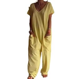 European American Cross-Border Sommer Frauen Independent Station Beliebte Pure Color V-Ausschnitt Overs ize Flap Pocket Jumps uit - Product Image 1