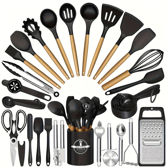 Heat Resistant Silicone Kitchenware 34 Piece Kitchen Utensils Set Spoon Non Stick Kitchen Gadgets Silicone Cooking Cookware Set