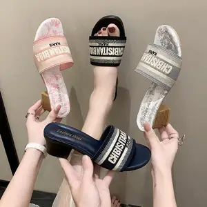 Nuevos zapatos de tacón con letras bordadas para mujer, Sandalias de tacón con estilo para interiores y exteriores para mujer en verano, zapatillas de talla grande para mujer