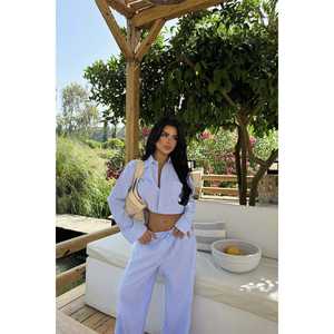 ชุดเซ็ตเสื้อผ้าฝ้ายลำลองลายสก็อตสีน้ำเงิน 2 ชิ้น เสื้อท่อนบนถักทอแบบยาว ความยาวระดับเข่า ทรงหลวม เหมาะสำหรับฤดูใบไม้ร่วง ไซส์ XL - Product Image 2