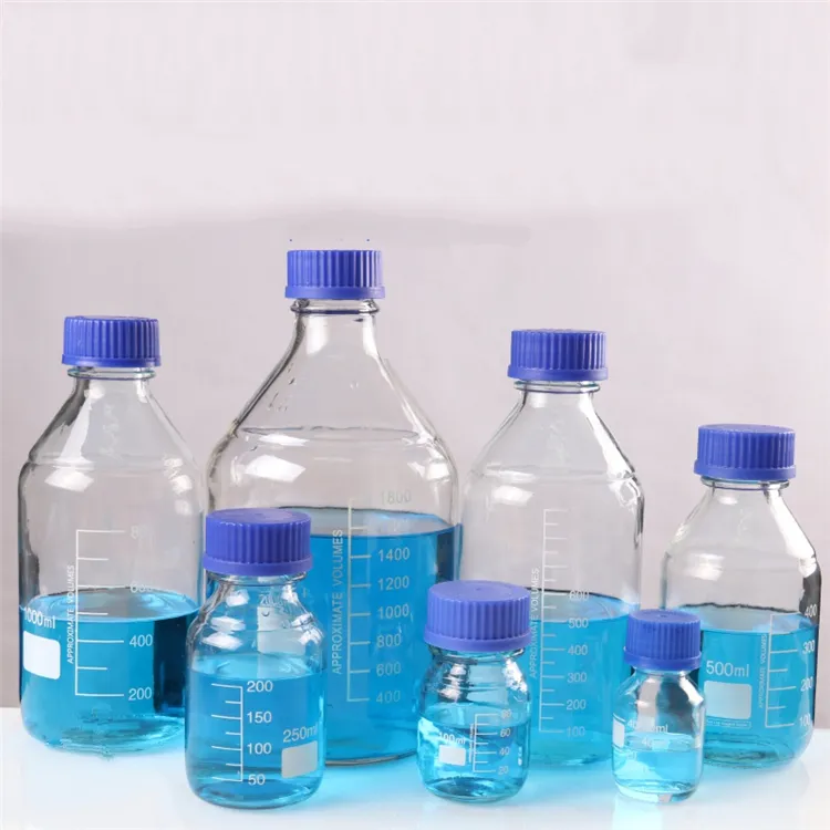 प्रयोगशाला रासायनिक अभिकर्मक बोतल नीले रंग के साथ पेंच टोपी 25ml 50ml 100ml 250ml 500ml 1000ml 2000ml दवा कांच की बोतल