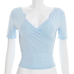 Viviblook Y26TP059 Camiseta informal de primavera y verano para mujer, nueva camiseta con cuello en V cruzado, manga corta, corte ajustado, Top para mujer - Product Image 1