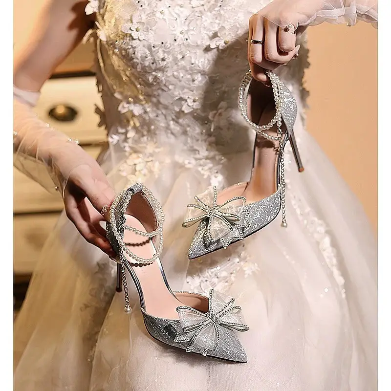 Chaussures de Mariée à Talons Hauts avec Nœud Papillon en Strass, Bout Pointu, Fleur, Beauté, Brillant, pour Femme