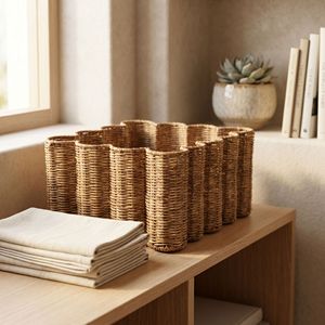 Handmade Woven Rattan <b>Storage</b> <b>Basket</b> Geometric Shape Eco Friendly For Living Room Bathroom Cosmetic Coffee Tabletop <b>Storage</b> - Product Image 2