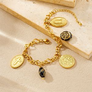 European American Style Gold Black Charm Necklace <b>Bracelet</b> <b>Set</b> Women's Everyday Wear Cross Camellia Pattern Fine Jewelry - Product Image 3
