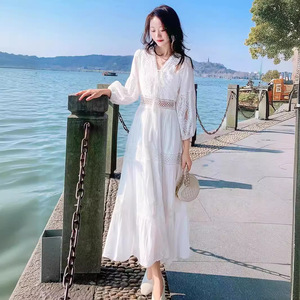 Quality <strong>Fairy</strong> <strong>White</strong> Spring Summer New Fashion Hollow Design Long Bohemian Solid Color Slim Organic Cotton V-neck Crochet <strong>Dress</strong> - Product Image 1