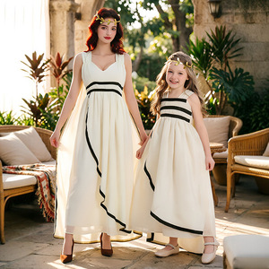 Elegante Conjunto de Vestidos Griegos para Madre e <span class=keywords><strong>Hija</strong></span>, Color Marfil con Ribete Negro, Vestidos de Princesa, Trajes Familiares a Juego para Bodas, Vestido de Dama de Honor - Product Image 1
