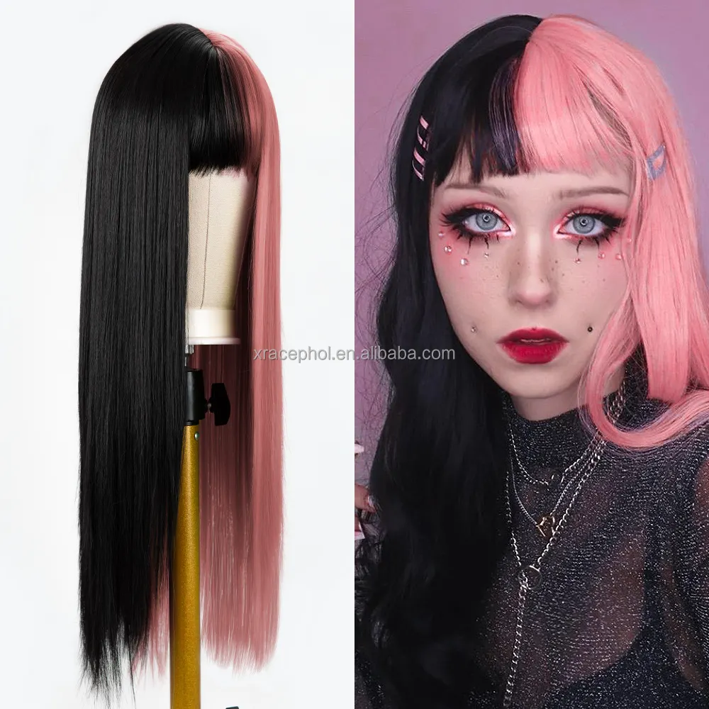Kualitas tinggi murah Wig Anime 26 inci setengah hitam setengah rambut merah muda Wig lurus dengan Bang untuk pesta Natal