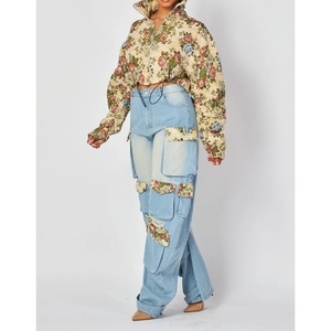 Nouvelle mode d'automne, haut court à fleurs, pantalon en jean multi-poches, ensemble décontracté 2 pièces pour femmes, tendance - Product Image 4