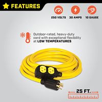 Cordon de générateur de 25 pieds avec disjoncteur de surtension, NEMA L14-30P/4x5-20R, câble flexible de calibre 10 à 4 broches, rallonge d'alimentation