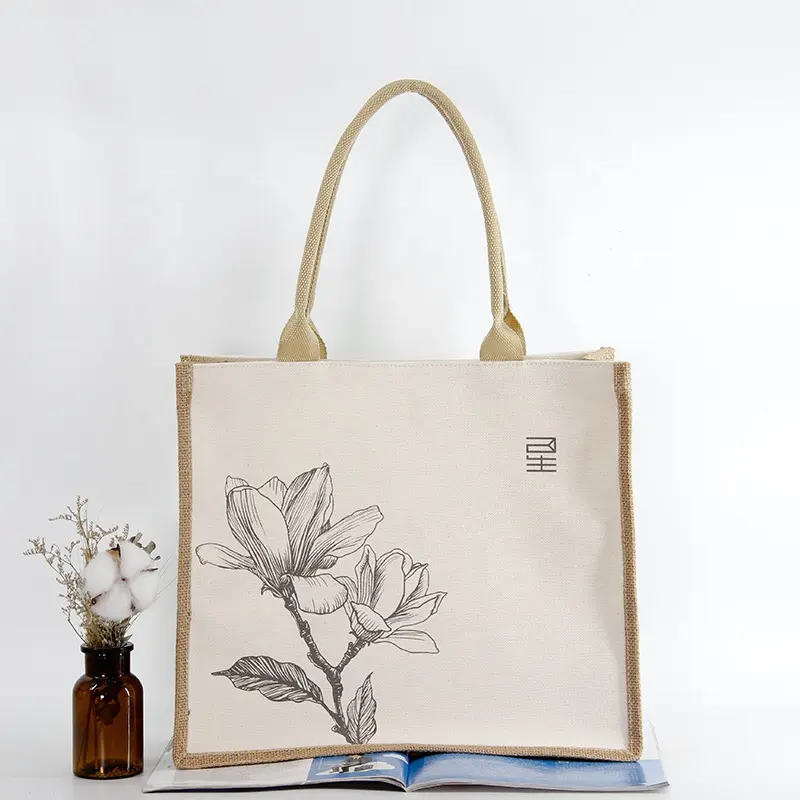 Hot sale tote bag custom logo canvas cotton and jute hemp shopping bag
