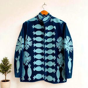 Artisan Sky Blue <b>Velvet</b> Embroidered Suzani <b>Jacket</b> With Floral Pattern Full Sleeve Stand Collar Handmade <b>Women's</b> Winter Outerwear - Product Image 1