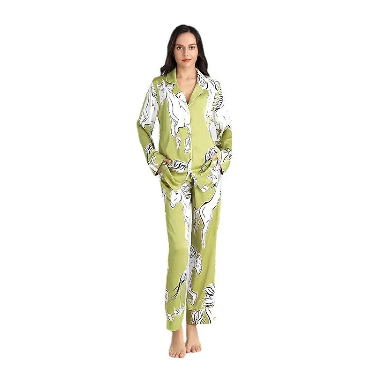 Bedrukte Satijnen Vrouwen Pijama Sets Zachte Lange Mouwen 2 Delige Nachtkleding Sets Vrouwen Satijnen Pyjama Broek Sets