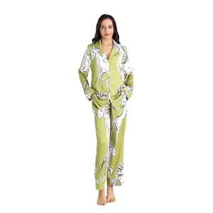Conjunto de pijama de satén con estampado para mujer, ropa de dormir de 2 piezas de manga larga suave, pantalones de satén