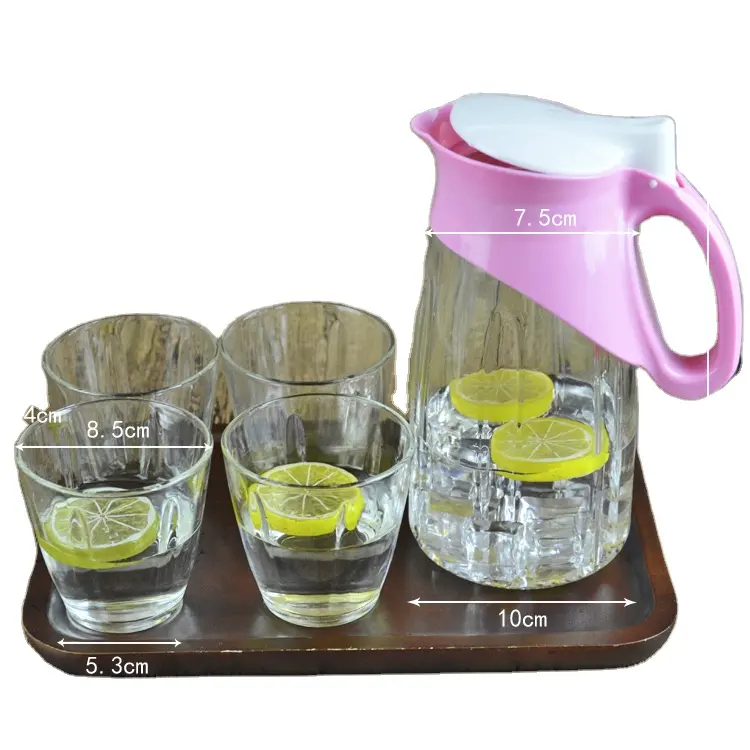 Sublimation vente en gros 5 pièces ensemble de boissons en verre bouilloire de pichet de jus avec 4 gobelets pichet d'eau de 260ml avec couvercle et poignée
