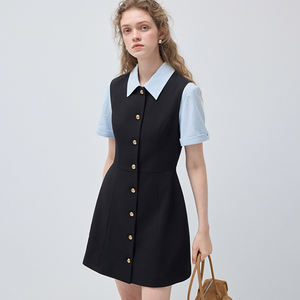 Vestido <span class=keywords><strong>de</strong></span> Dos Piezas Estilo Preppy Personalizado <span class=keywords><strong>de</strong></span> VEGA CHANG <span class=keywords><strong>para</strong></span> Mujer, con Cuello en Contraste y Botones Dorados - Product Image 1