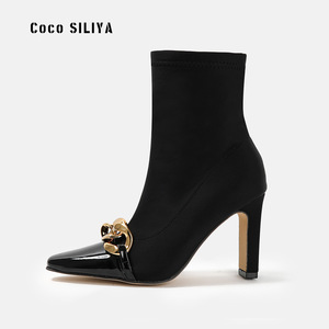 Coco SILIYA Solid Ankle <b>Bootie</b> Boots Pointed Toe Chunky Heel 8cm up Plush Lining Fashion Height Increasing Buckle Decoration - Product Image 3