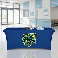 Housse de table extensible personnalisée de 1,80 m à dos ouvert, en spandex 3 côtés, impression couleur par sublimation, pour salon professionnel, fête ou événement