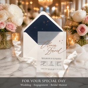 Ensemble d'invitations de <span class=keywords><strong>mariage</strong></span> élégant Ciel Étoilé, avec estampage à chaud de luxe, motif croissant de lune, doublure bleu marine et carte en vélin translucide - Product Image 2