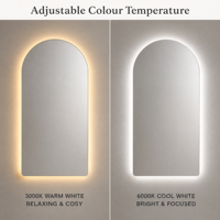 Miroir de salle de bain LED rétroéclairé sans cadre, arqué, anti-buée, à intensité variable 3000K-6000K, étanche IP44, mural, intelligent