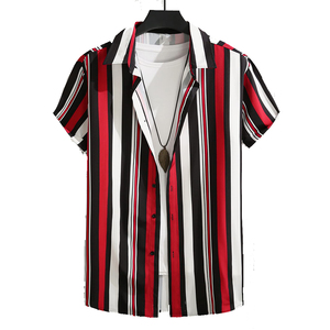 <span class=keywords><strong>Camicia</strong></span> <span class=keywords><strong>a</strong></span> Maniche Corte da <span class=keywords><strong>Uomo</strong></span> <span class=keywords><strong>a</strong></span> <span class=keywords><strong>Righe</strong></span> Verticali <span class=keywords><strong>Rosse</strong></span>, Nere e Bianche - Top Casual con Bottoni per Streetwear e Occasioni Festive - Product Image 3