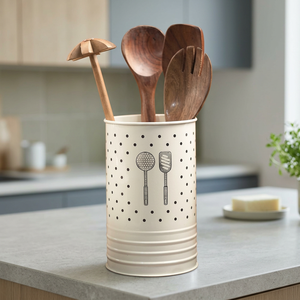 Porte-ustensiles de cuisine cylindrique en métal avec design perforé et motif cuillère-spatule, support de rangement minimaliste pour cuisine - Product Image 1