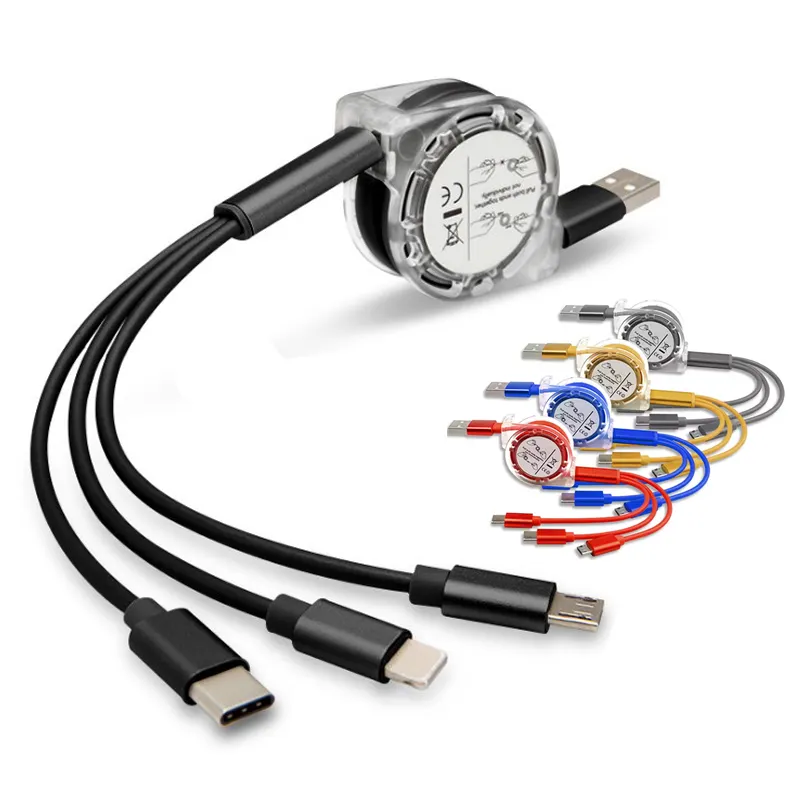 Venta caliente 3 en 1 Cable USB retráctil Cable de datos de carga rápida Micro USB tipo C Cable de cargador USB para iPhone para Samsung