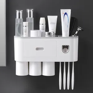 Family Luxury Toothpaste Holder Wall Mounted Automatic Toothpaste Holder Bathroom 3 Cup Set