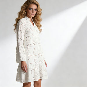 Customizable Women's Beige Crocheted Casual Spring Flare Sleeve <b>Tunic</b> Dress Loose Cover-Up for <b>Beach</b> Vacation - Product Image 1