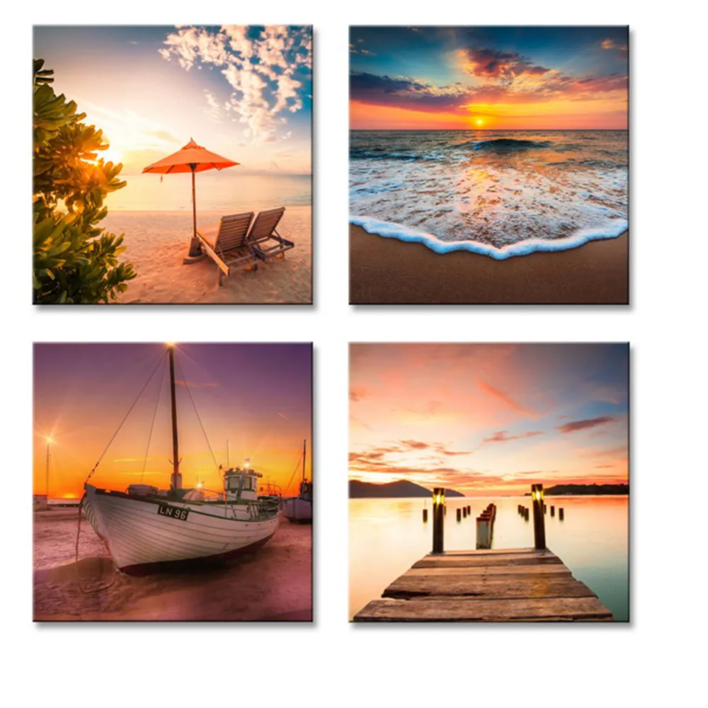 seascape painting customer design print on canvas fall sunset 4 panel wall art for living room decoration