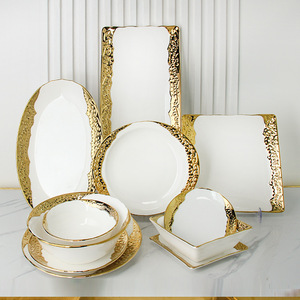 Gold Edged Ceramic Tableware Home Western Food Plate Steak Fruit Salad Bowl Luxury <b>Dinnerware</b> <b>Set</b> Wedding Restaurant Dishes - Product Image 1