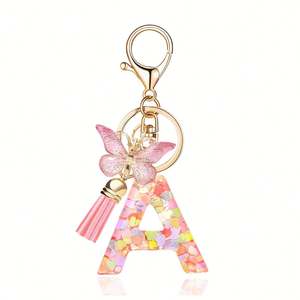 Porte-clés initial en résine 26 lettres avec pendentif papillon et pompon, accessoire élégant pour sac à main femme - Product Image 2