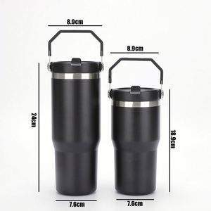 Bouteille d'eau isotherme personnalisée avec logo, 20 oz et 30 oz, en acier inoxydable à double paroi, anti-fuite, avec paille rabattable et poignée - Product Image 4