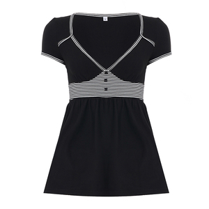 Blusa Casual de Corte Holgado con Rayas y Paneles, Corte en A, Dobladillo Acampanado y Botones Delanteros - Product Image 6