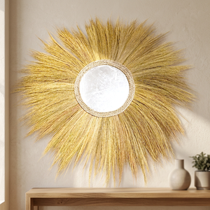 Grand miroir mural rond bohème en rotin naturel Rayung, écologique, durable, fait main, décoratif pour mariage - Product Image 3