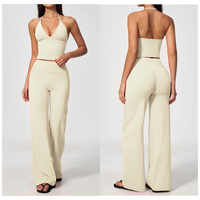 Pakaian Yoga Solid Berbahan Halus dengan Kerah V Dalam Model Halter, Menyerap Keringat, Bernapas, Bergaya, Set 2 Potong, Pakaian Aktif
